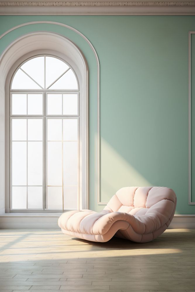 A pink chaise lounge is sitting in front of a large window in an empty room.