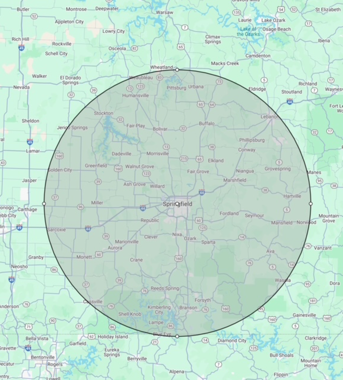 Map centered on Springfield, IL, with a green circle overlay.