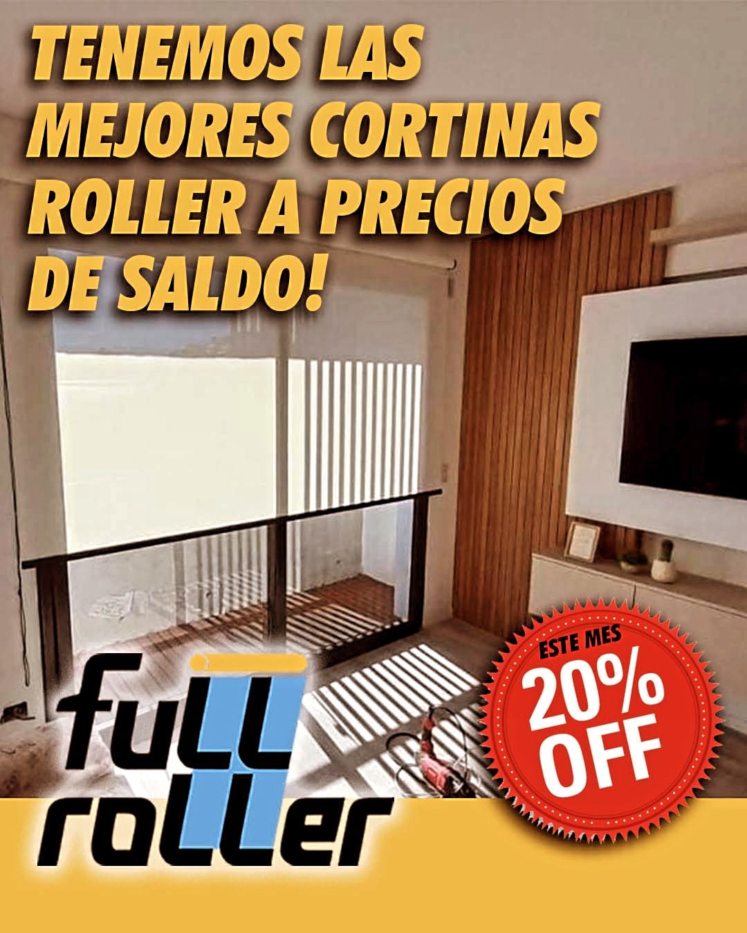 Un anuncio de cortinas enrollables completas que muestra una sala de estar moderna y un distintivo de descuento del 20%.