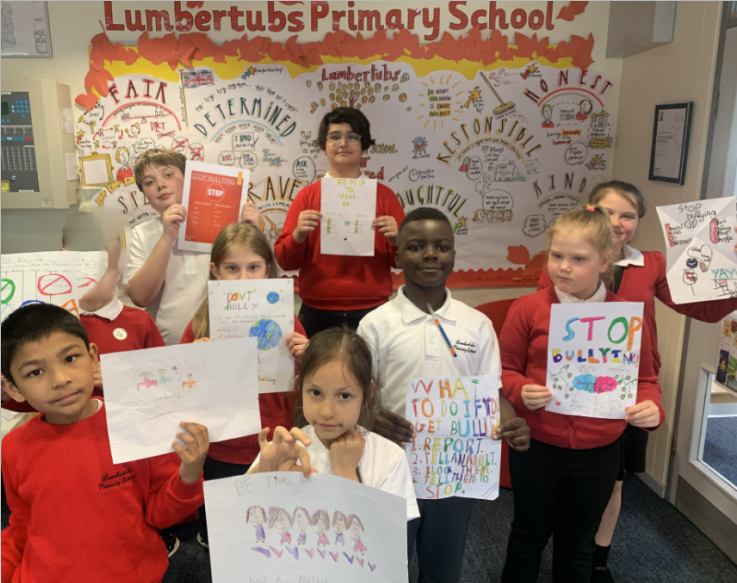 The winners of the anti-bullying poster competition at Lumbertubs Primary School