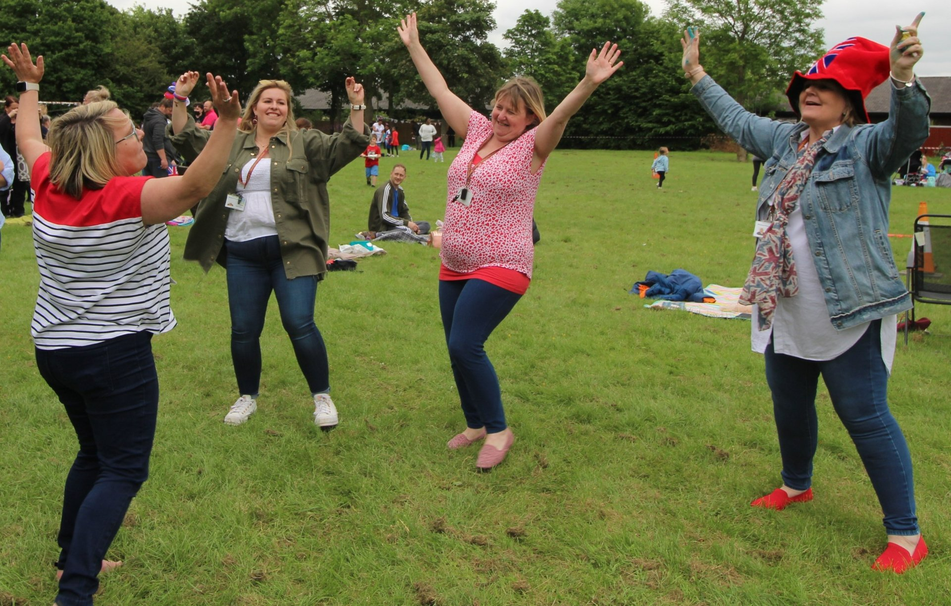 Staff and pupils at Moorland Primary School celebrating the Queen's Platinum Jubilee