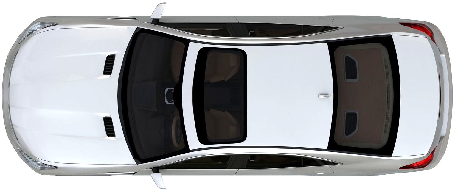 Overhead view of a white sedan with dark windows and two sunroofs. Red taillights.