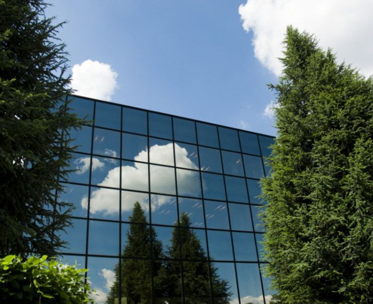 A Building With a Lot of Windows and Trees in Front of It — TSR Tinting & Frosting in Caloundra, QLD