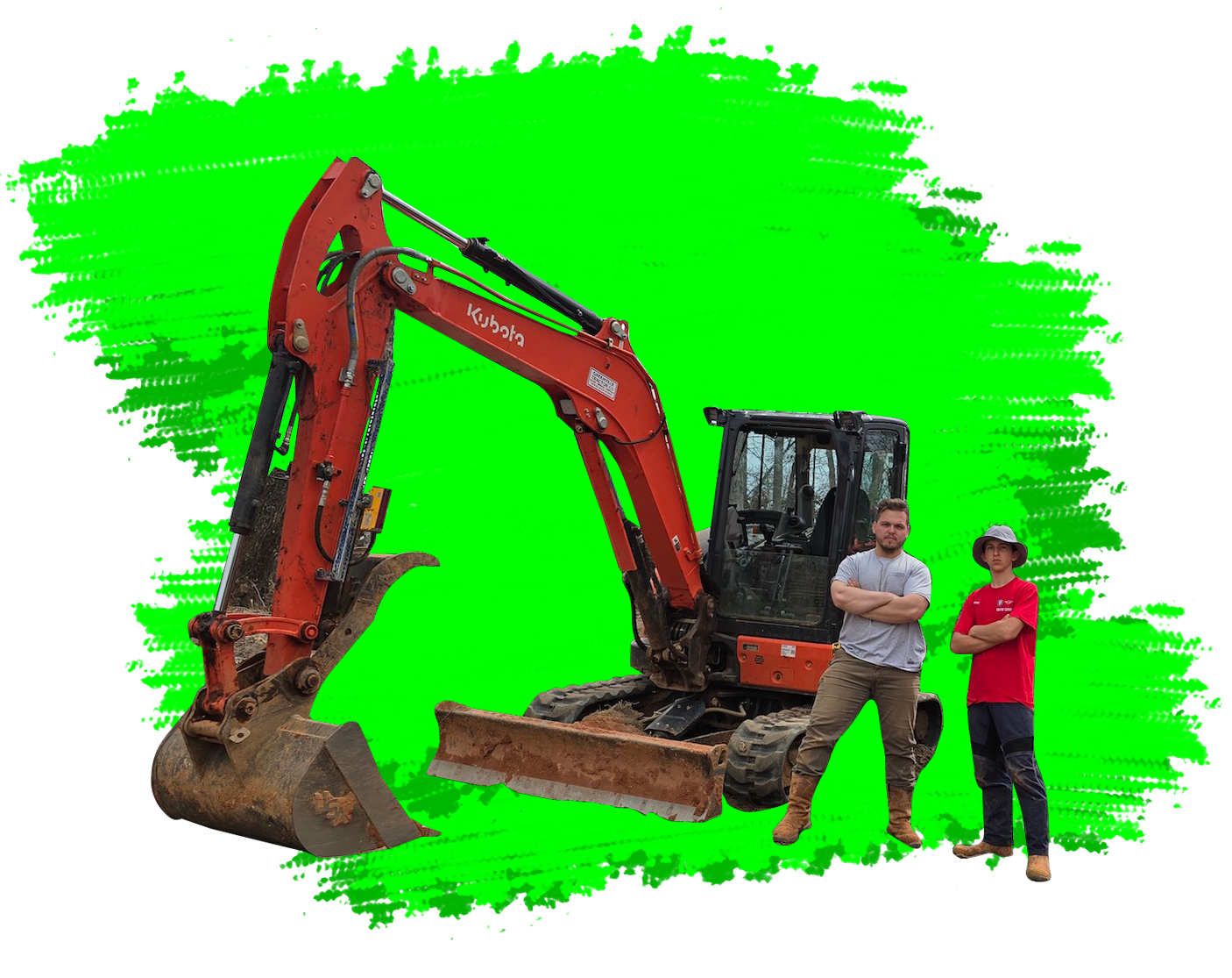 An orange Kubota excavator parked on dirt next to two people standing with their arms crossed.