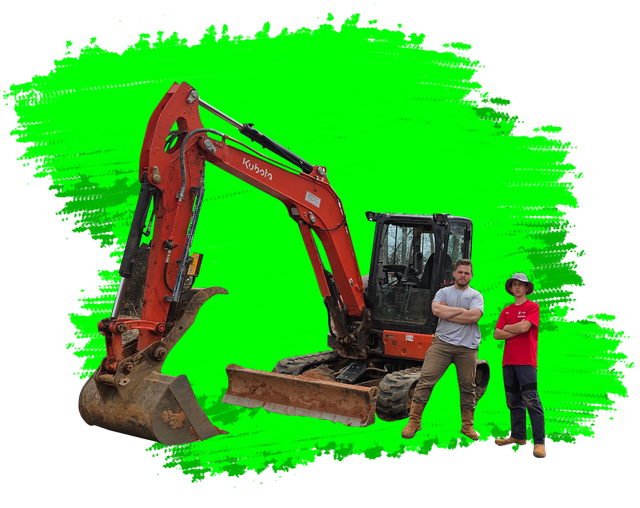 An orange Kubota excavator parked on dirt next to two people standing with their arms crossed.