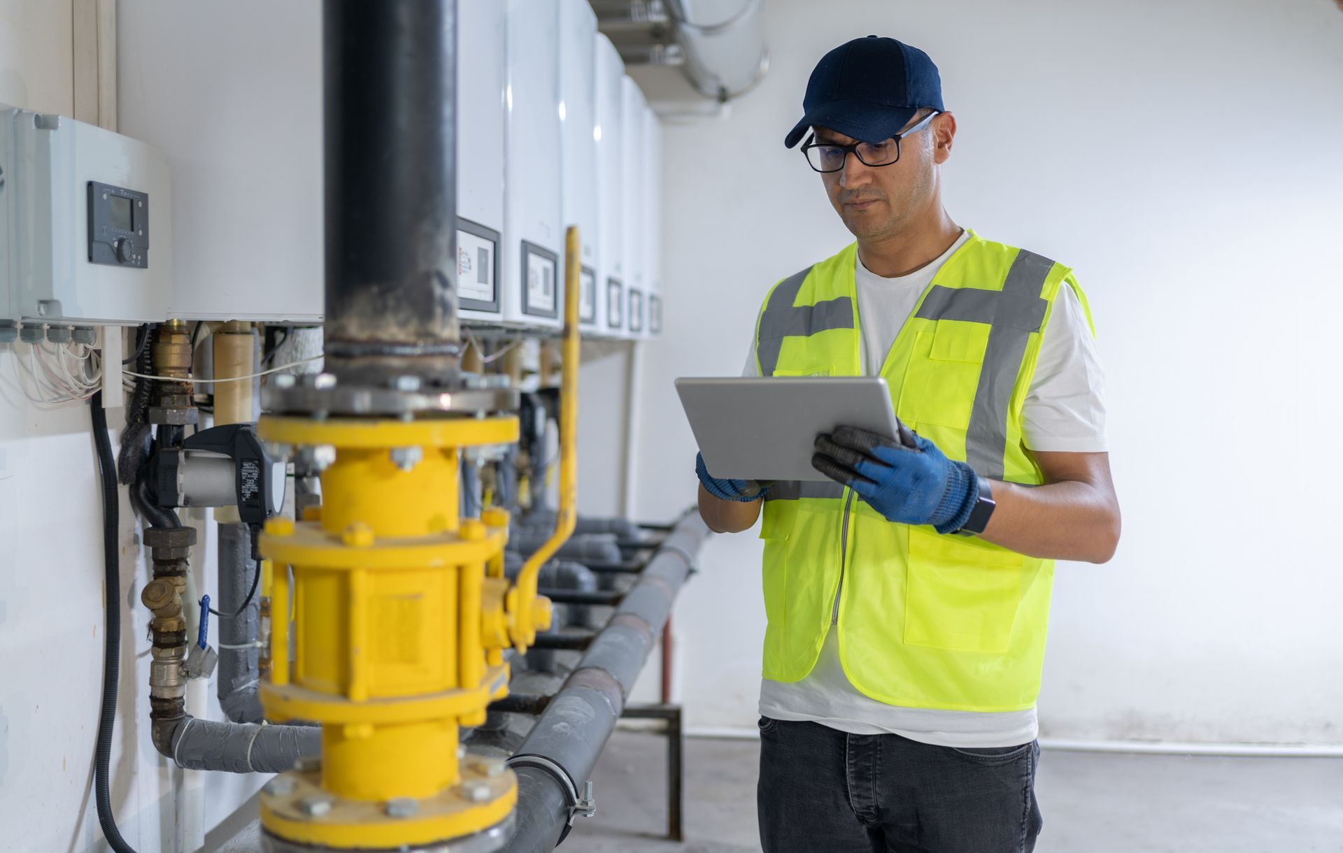 Man in safety gear inspecting industrial equipment with a tablet.