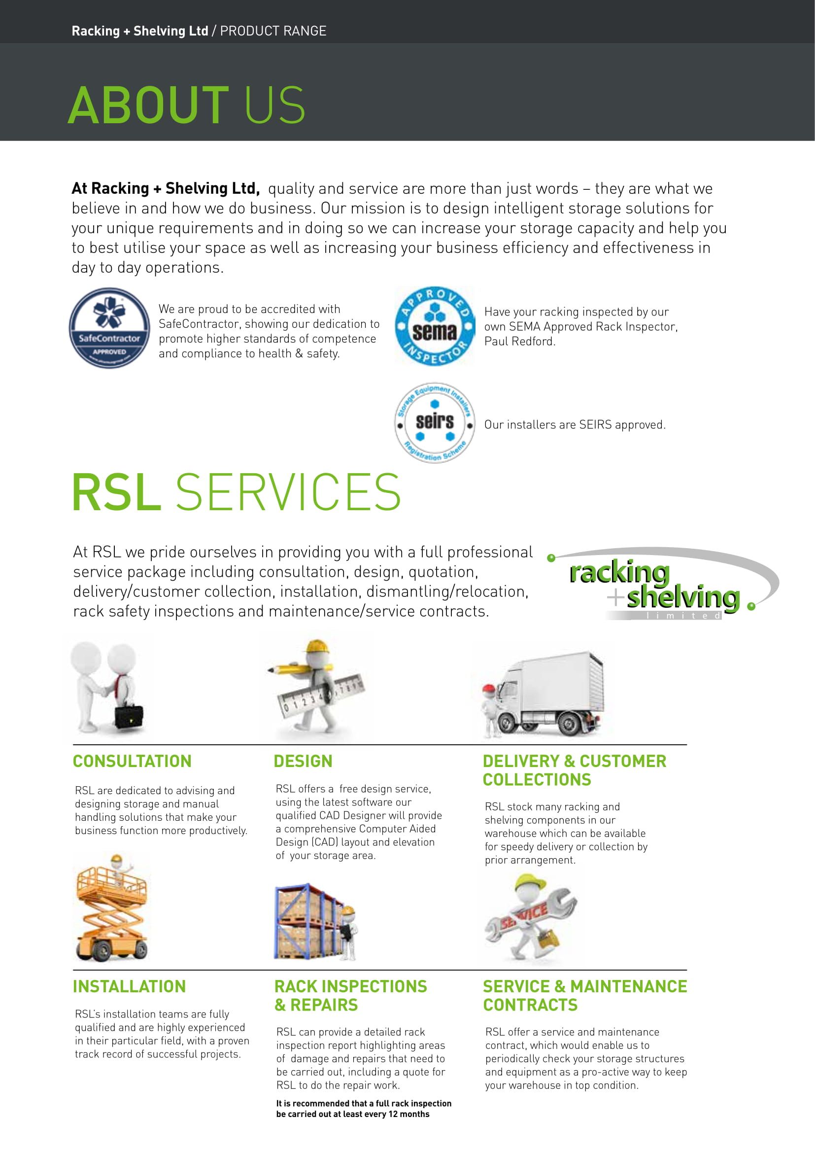 About us page in RSLNI brochure listing their services