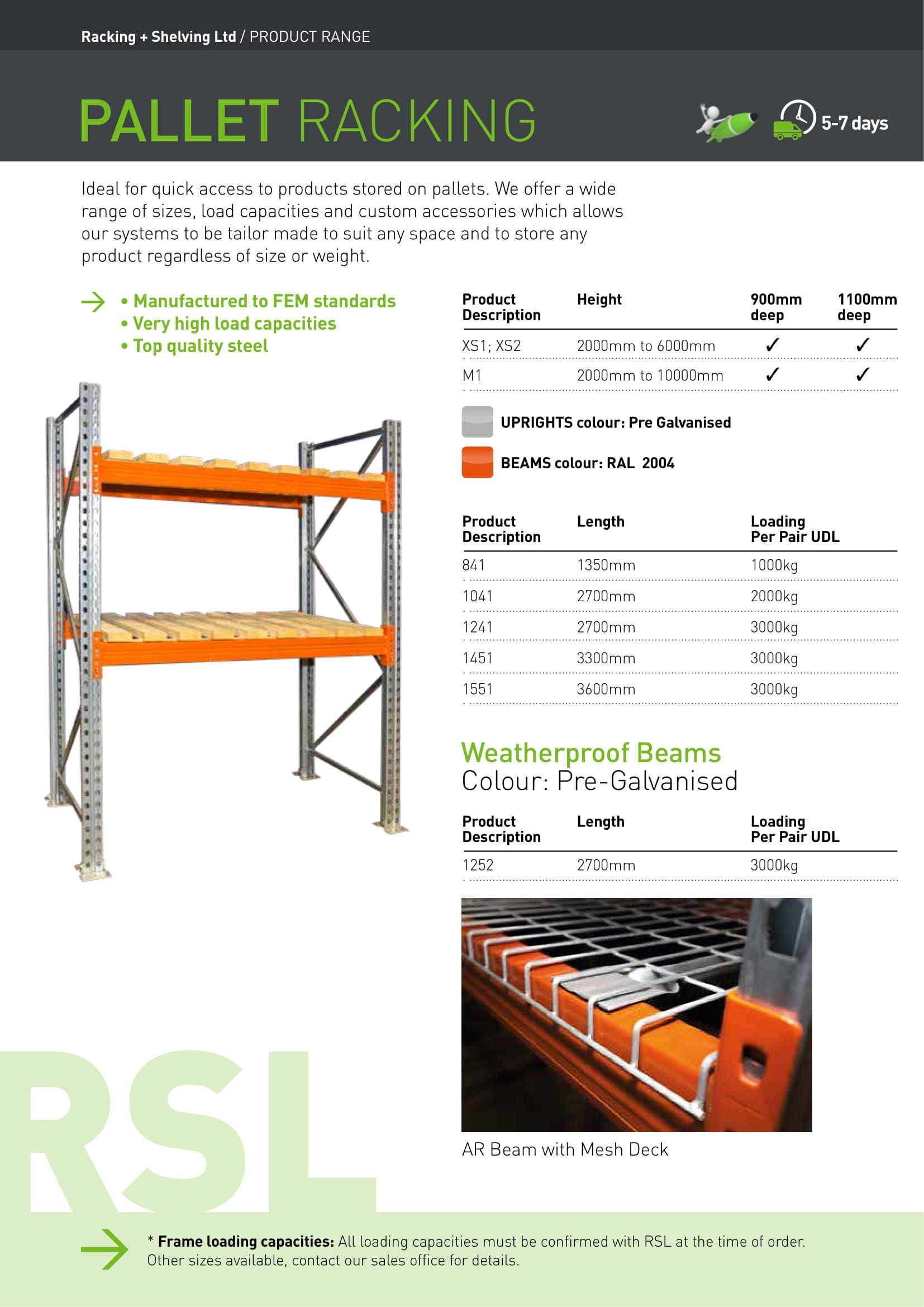Pallet racking brochure page featuring images of pallet racks.