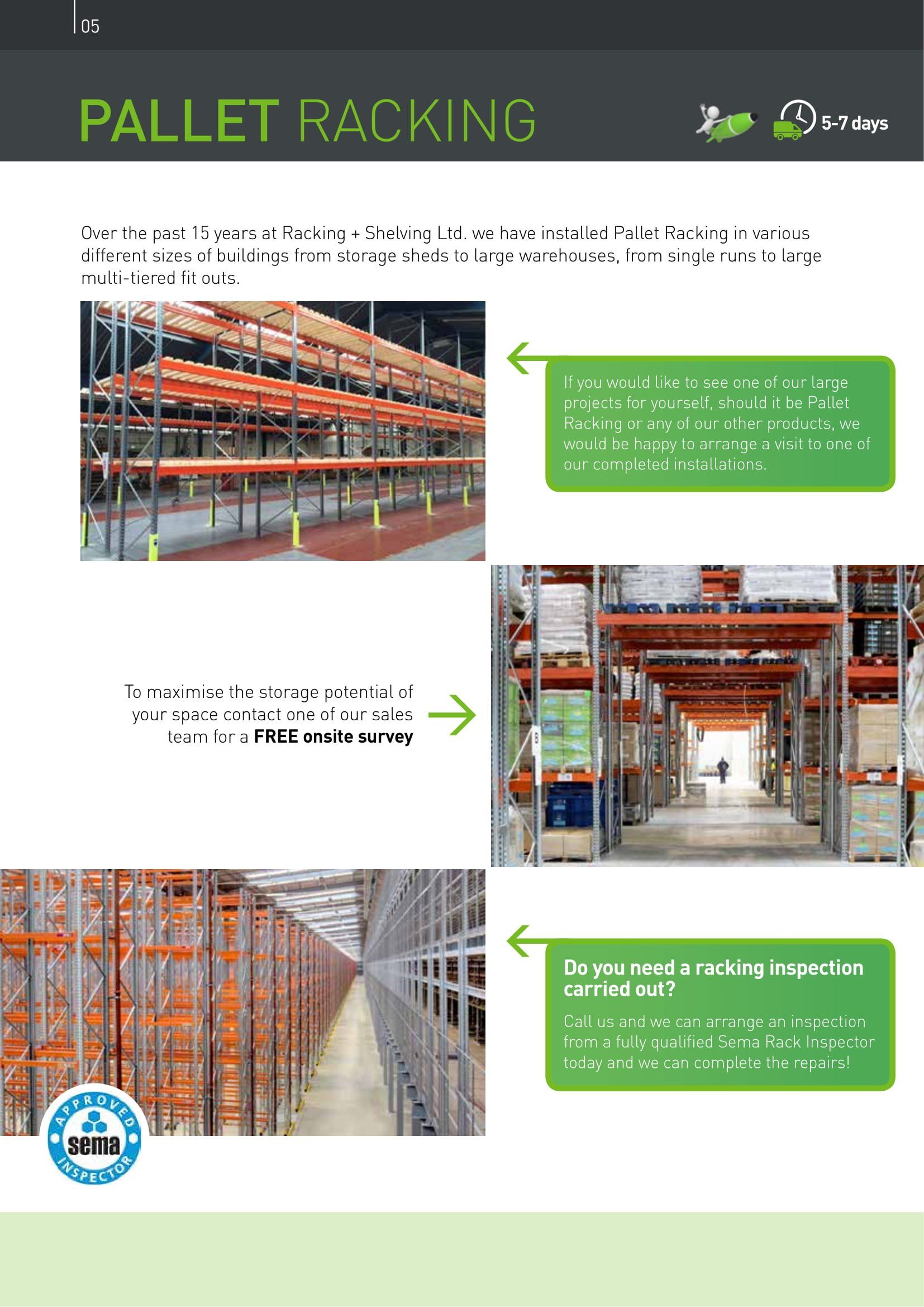 Pallet racking brochure page showcasing RSLNI's 15 years of experience