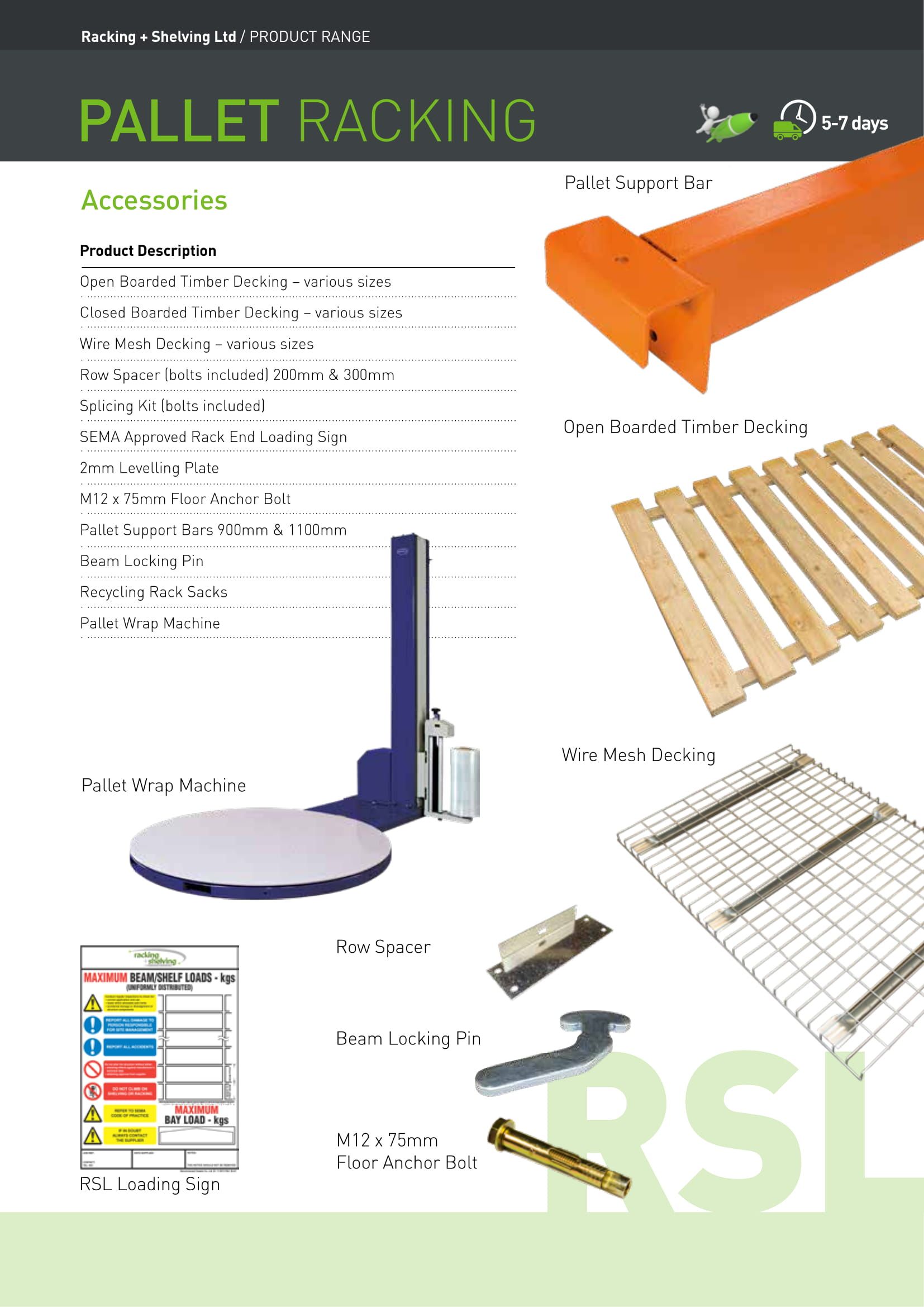 Pallet racking brochure page showcasing various rack components