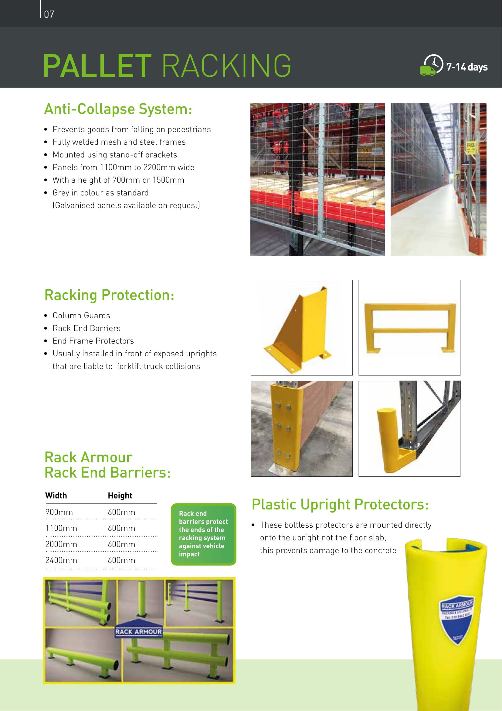 Pallet racking brochure page featuring anti-collapse systems, racking protection and rack armour.