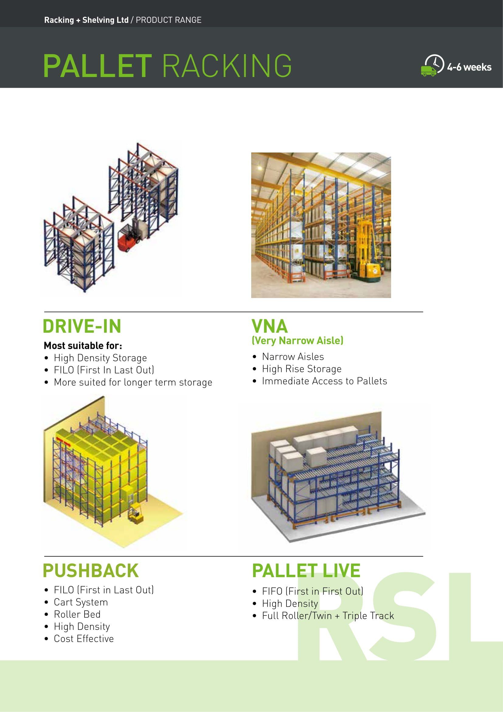 Pallet racking brochure page featuring diagrams of different pallet rack types