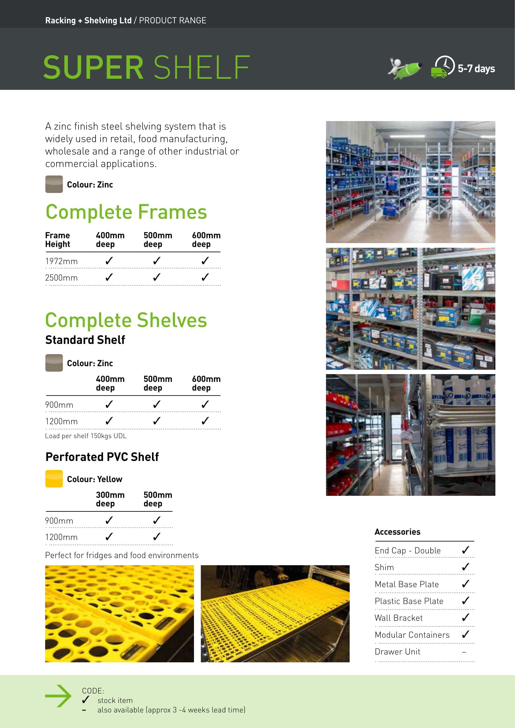 Super shelf brochure page showcasing complete frames, shelves and pvc shelves
