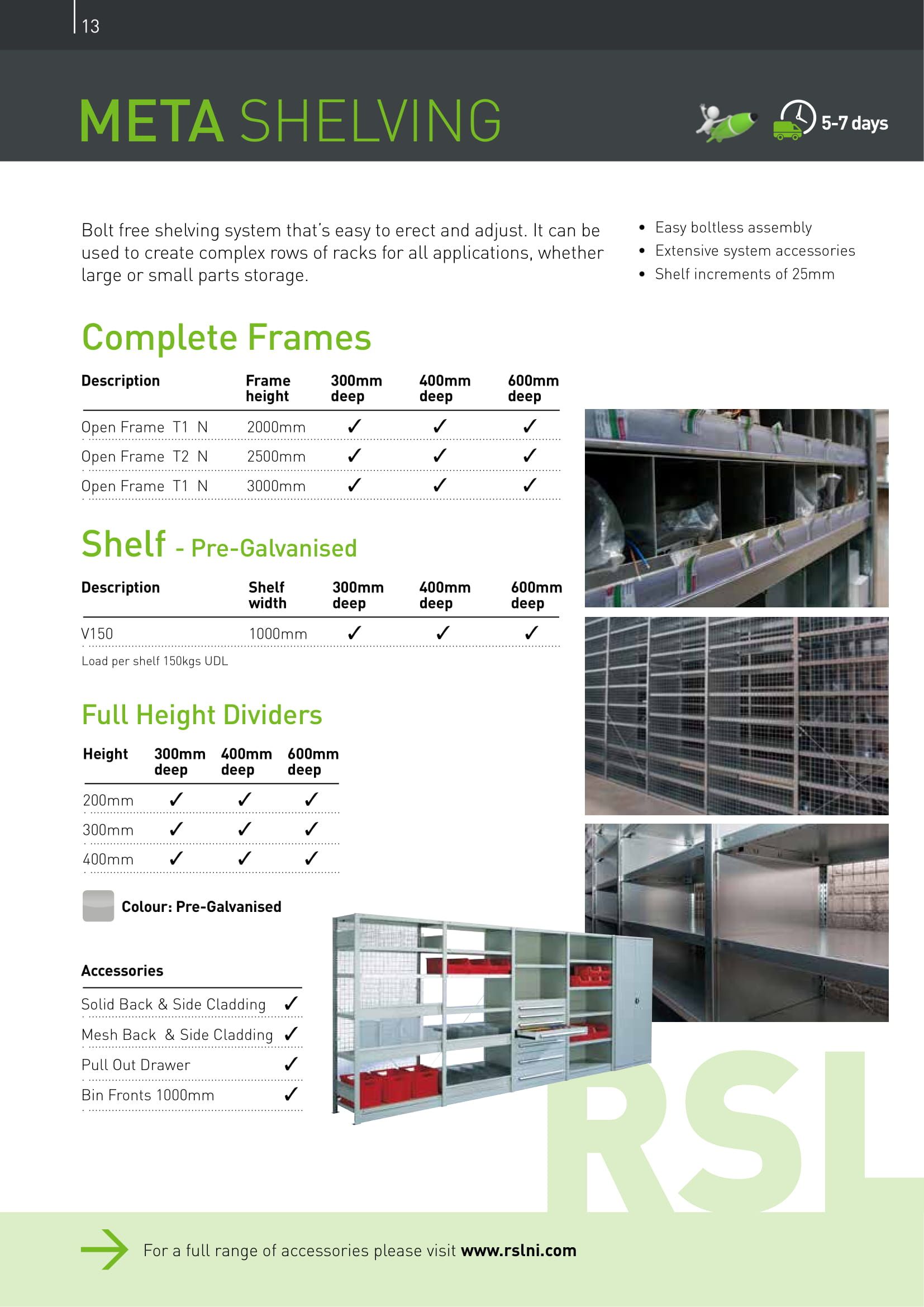 Meta Shelving brochure page featuring frames, shelves and dividers