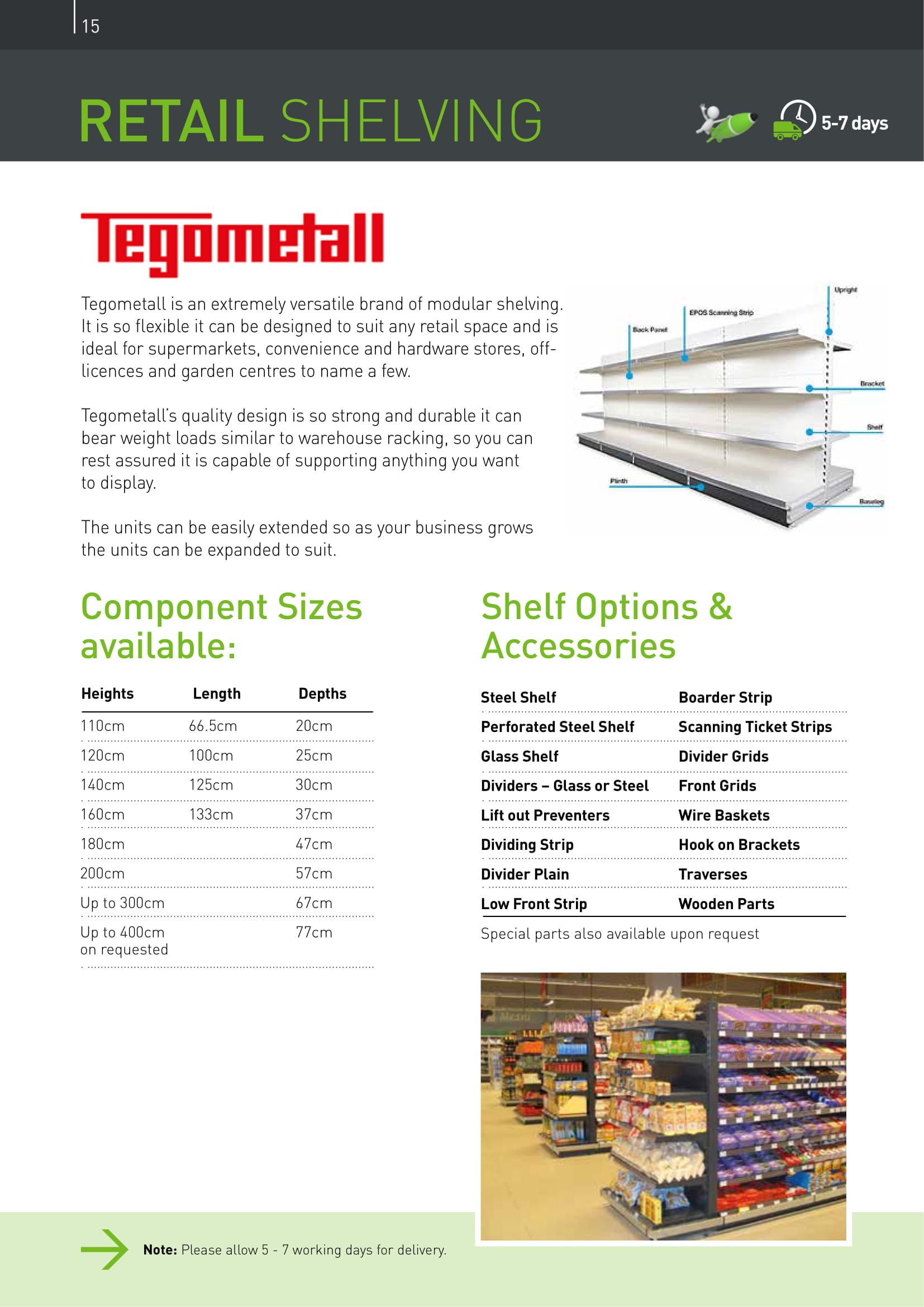 Retail shelving brochure page showcasing Tegometall shelving