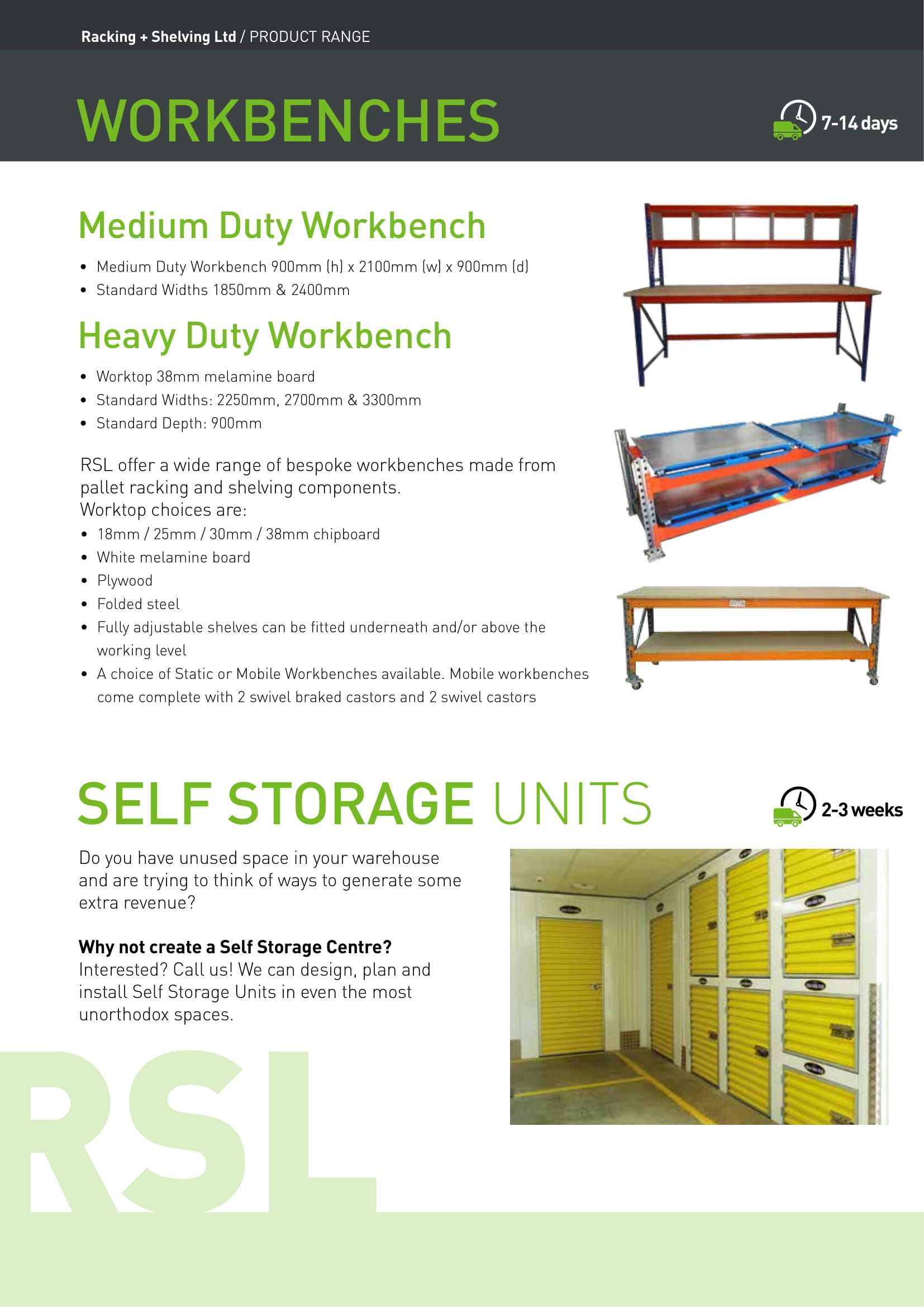 Workbench brochure page featuring medium & heavy duty benches