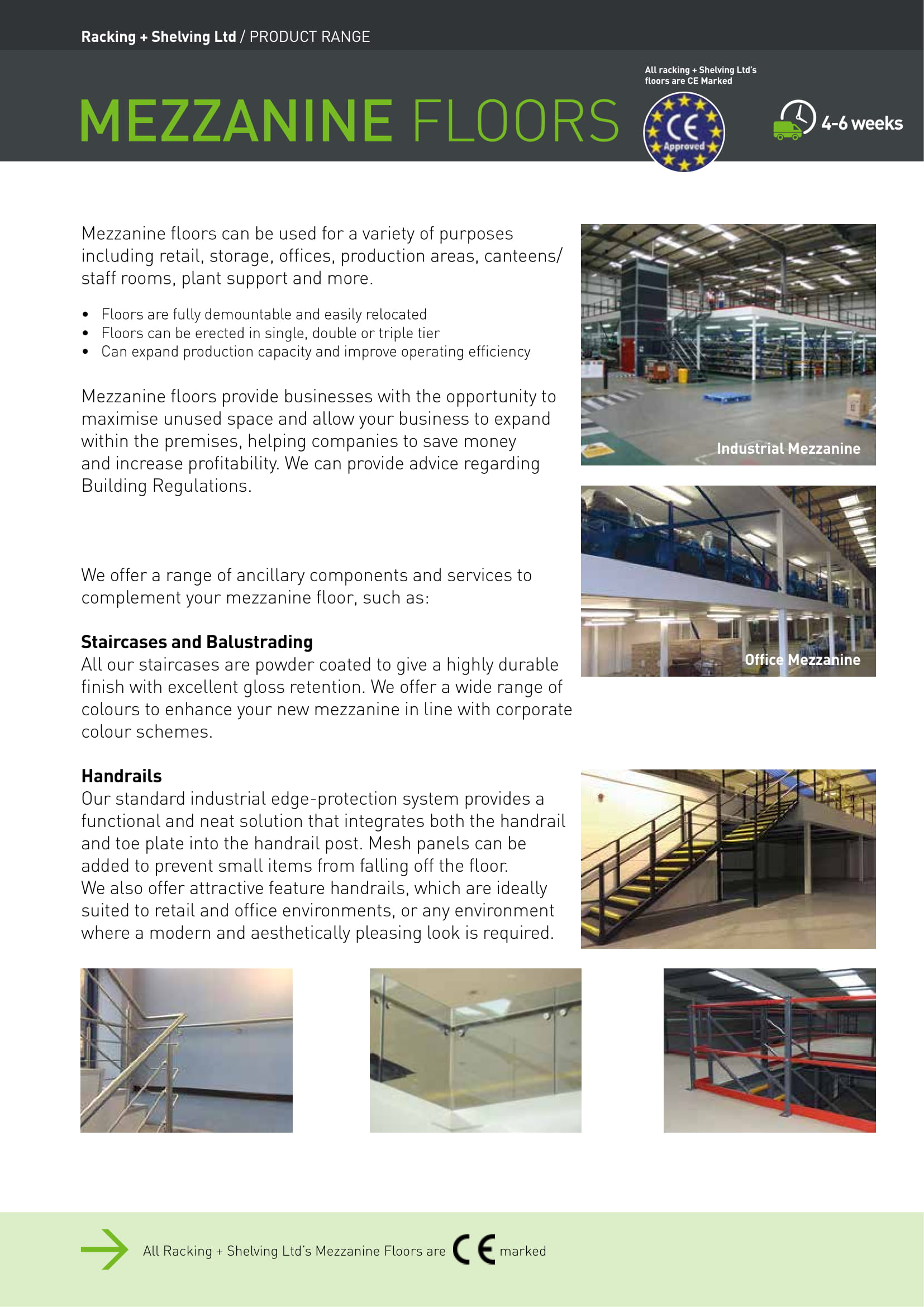Mezzanine floors brochure page showcasing past RSLNI mezzanine projects