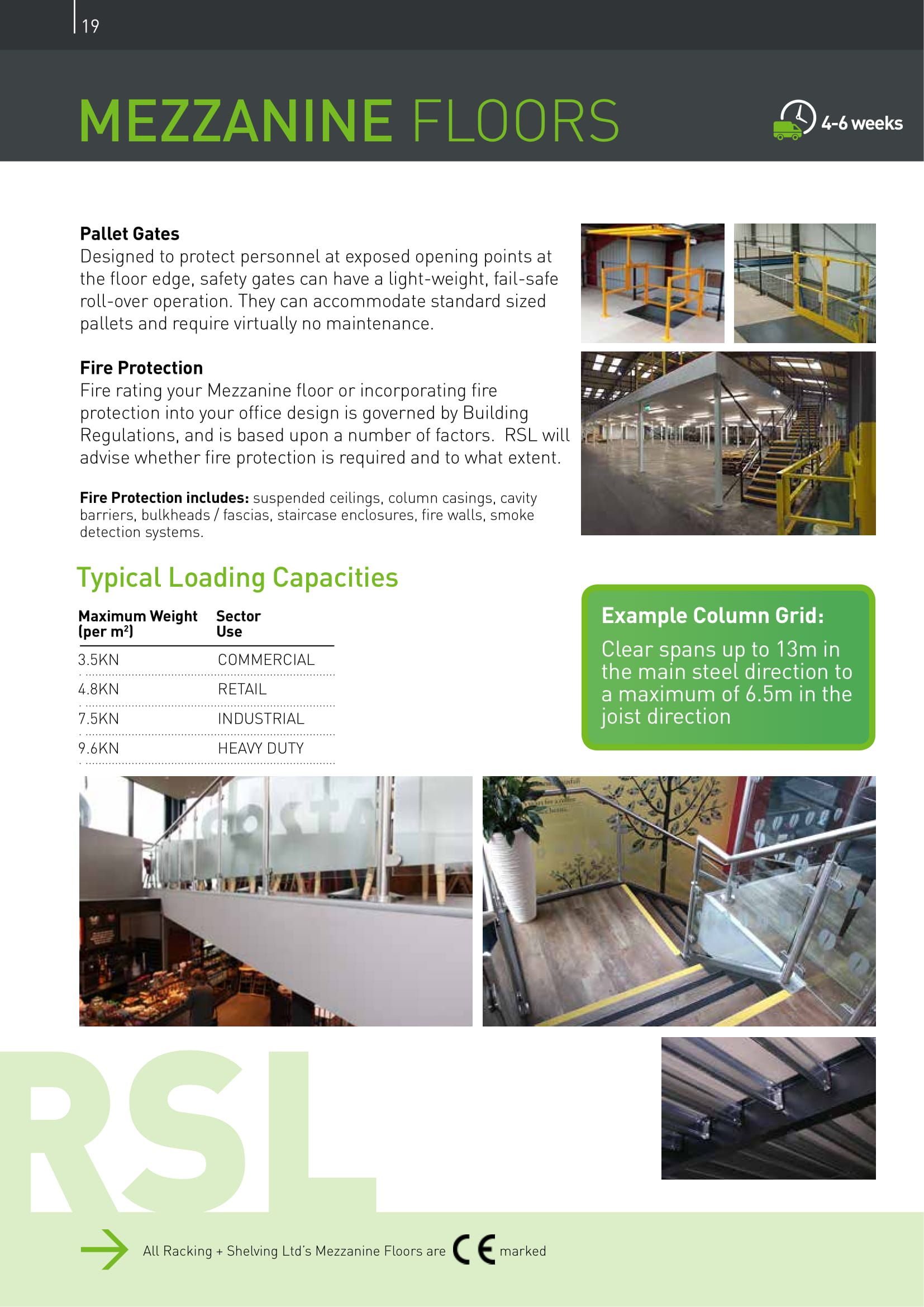 Mezzanine floors brochure page showcasing pallet gates and loading capacities