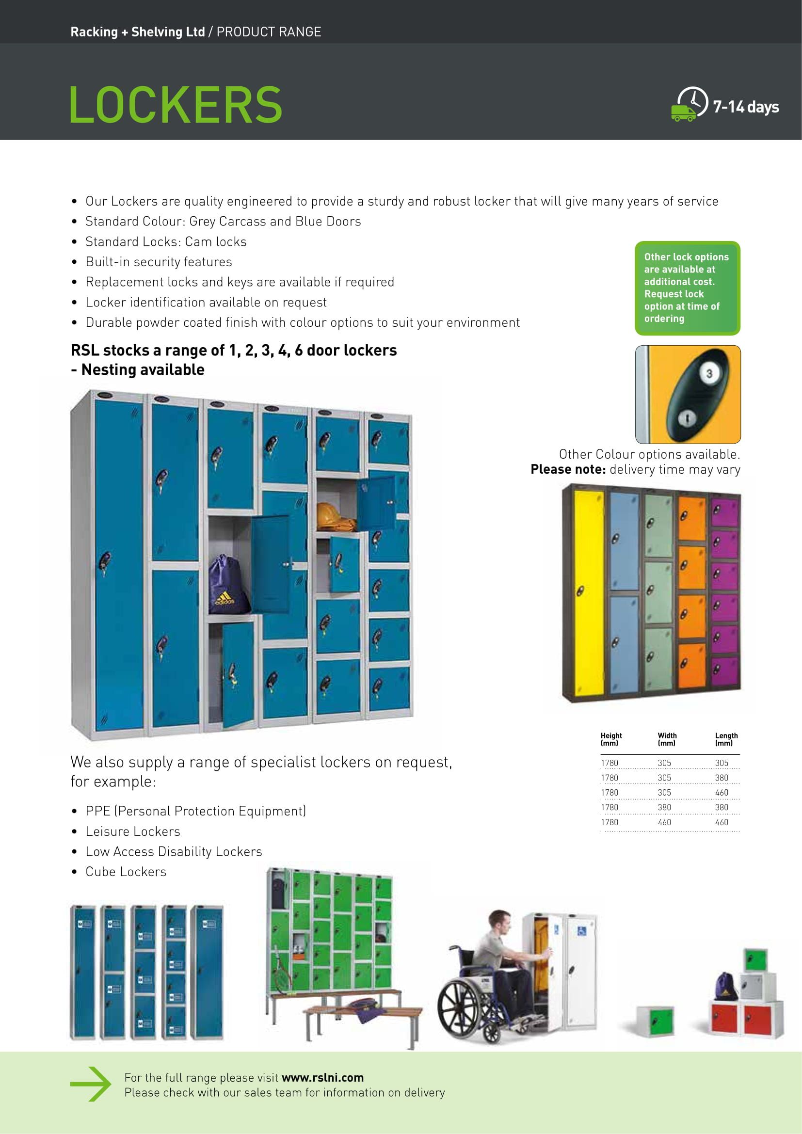 Lockers brochure page featuring colourful metal lockers.
