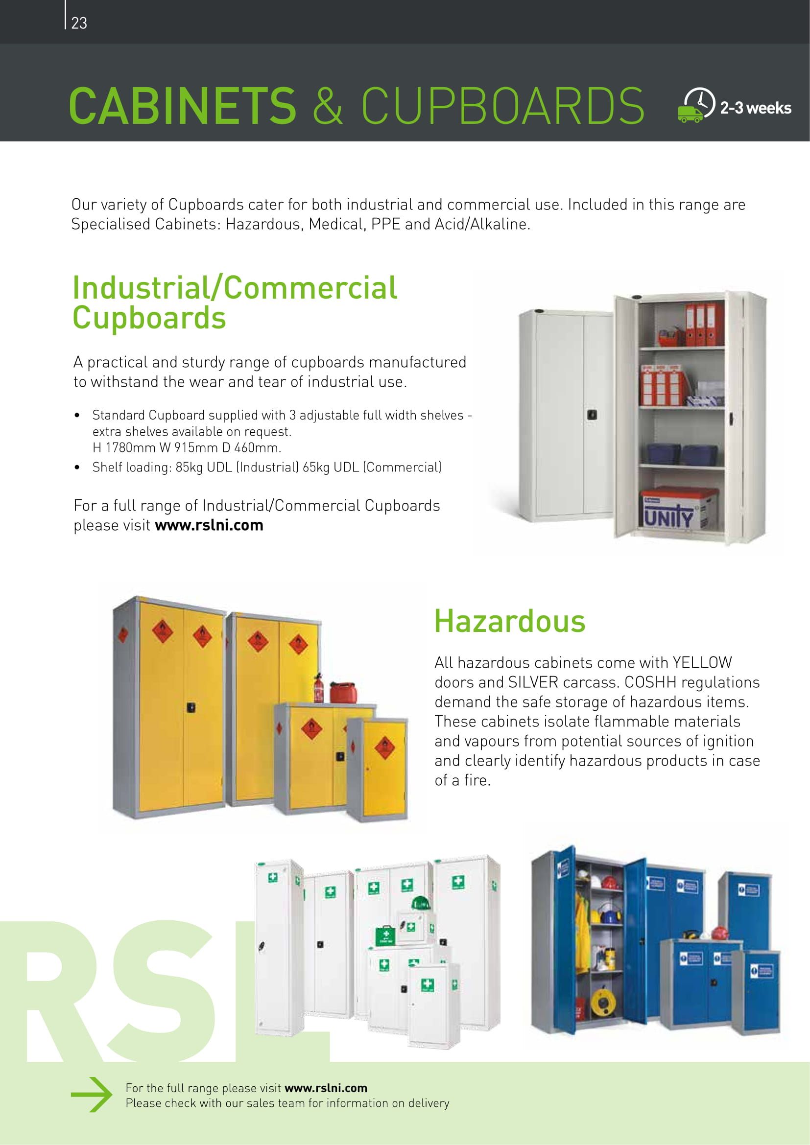 Cabinets and cupboards brochure page showcasing industrial and hazardous cupboards.