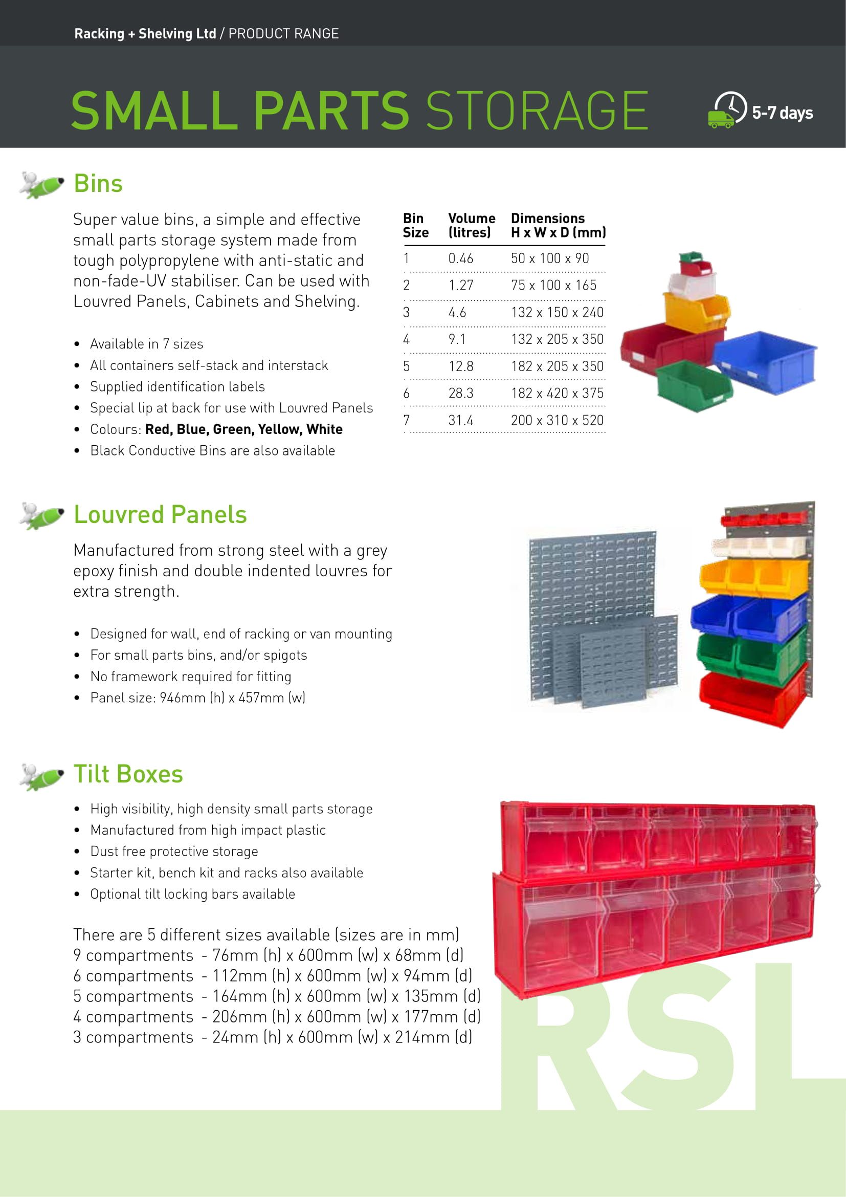 Small parts storage brochure page featuring colourful plastic bins/tubs