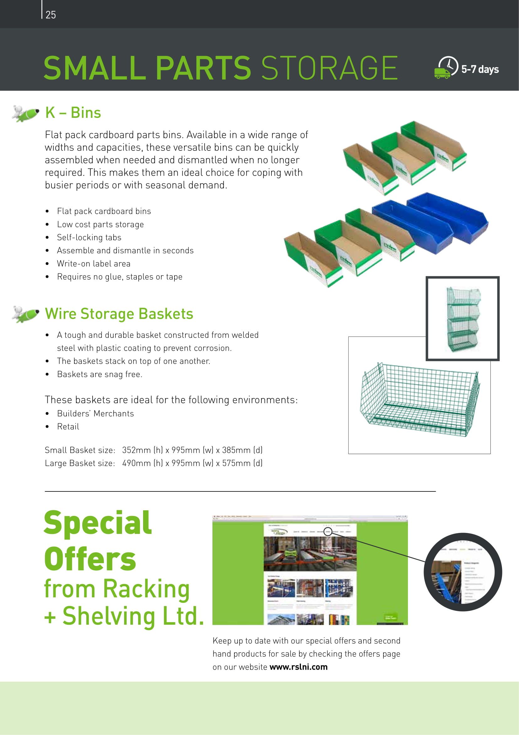 Small parts storage brochure page featuring K-bins & baskets