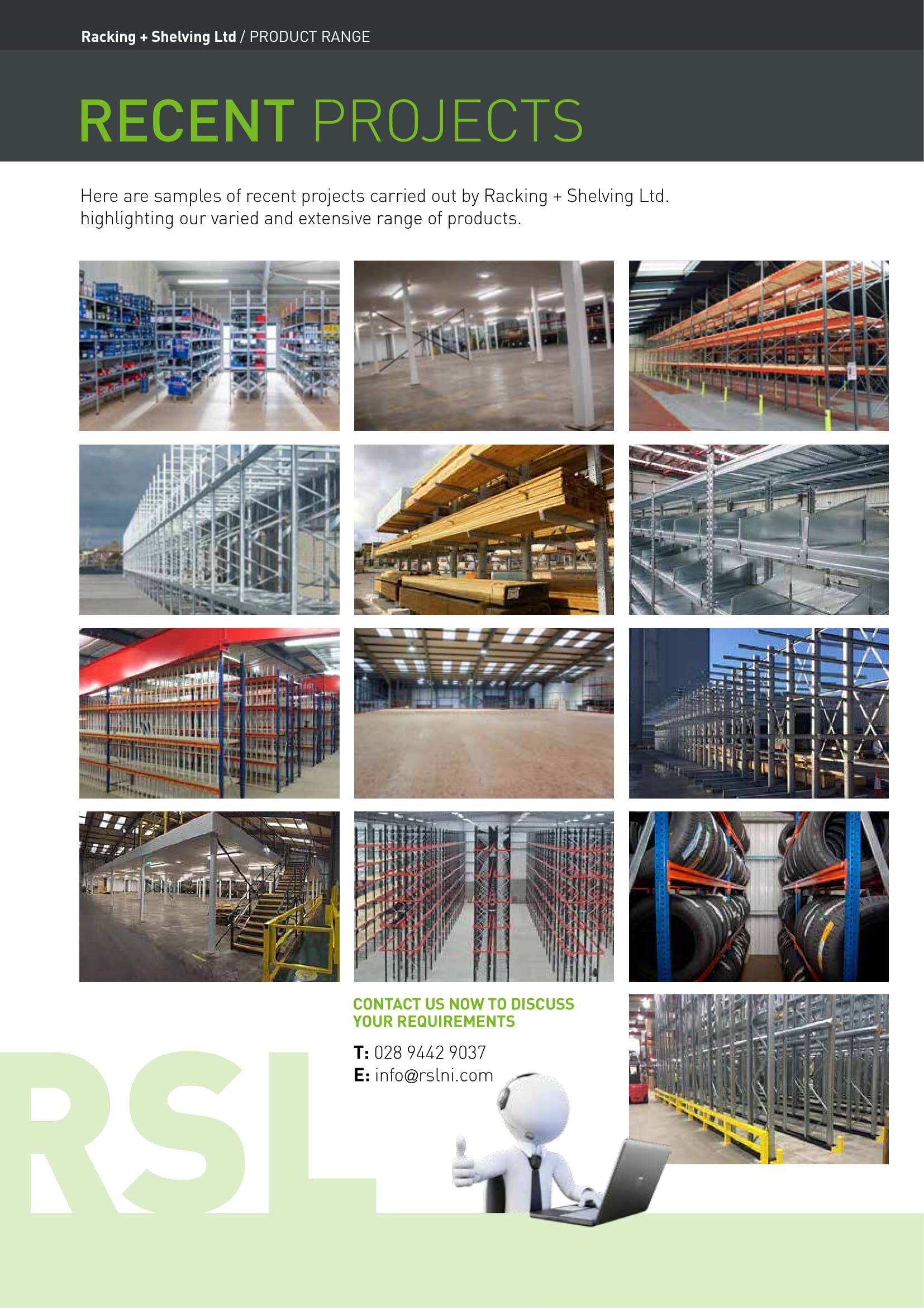 Recent projects brochure page showcasing Racking & Shelving work