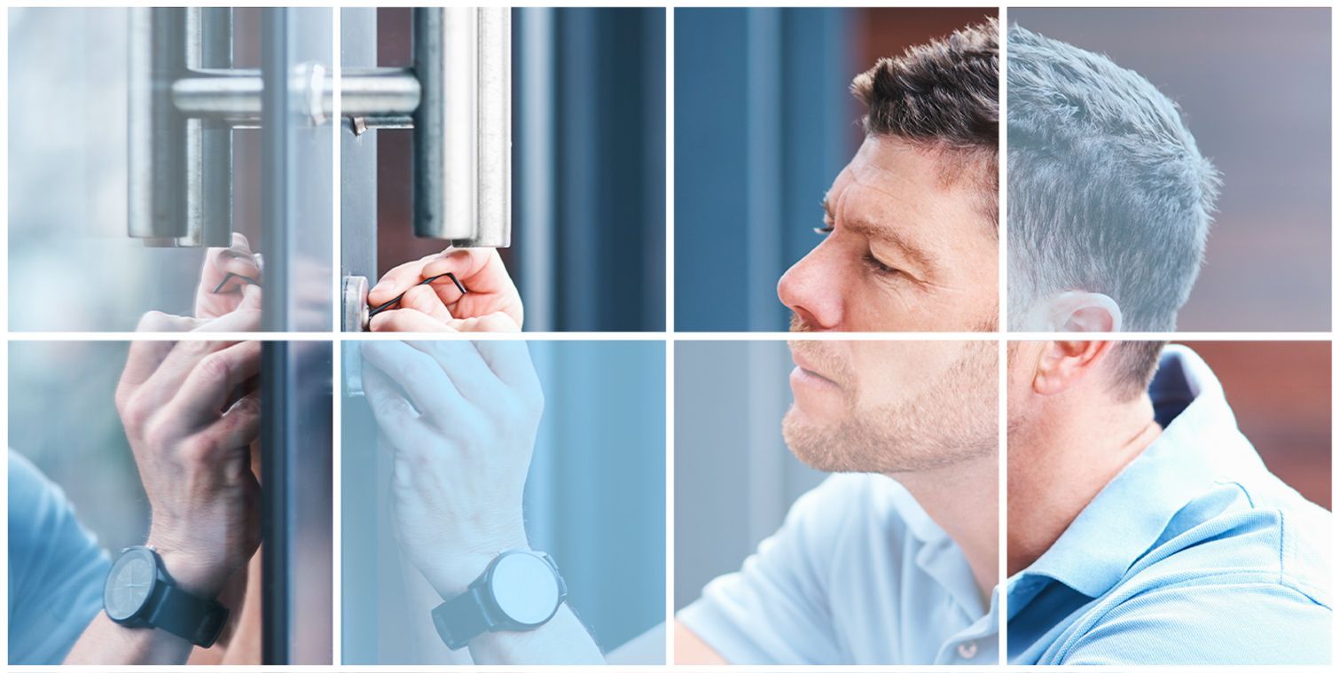 Expert locksmith using lock-picking tools to unlock a commercial cylinder lock. Expert locksmith using lock-picking tools to unlock a commercial cylinder lock.