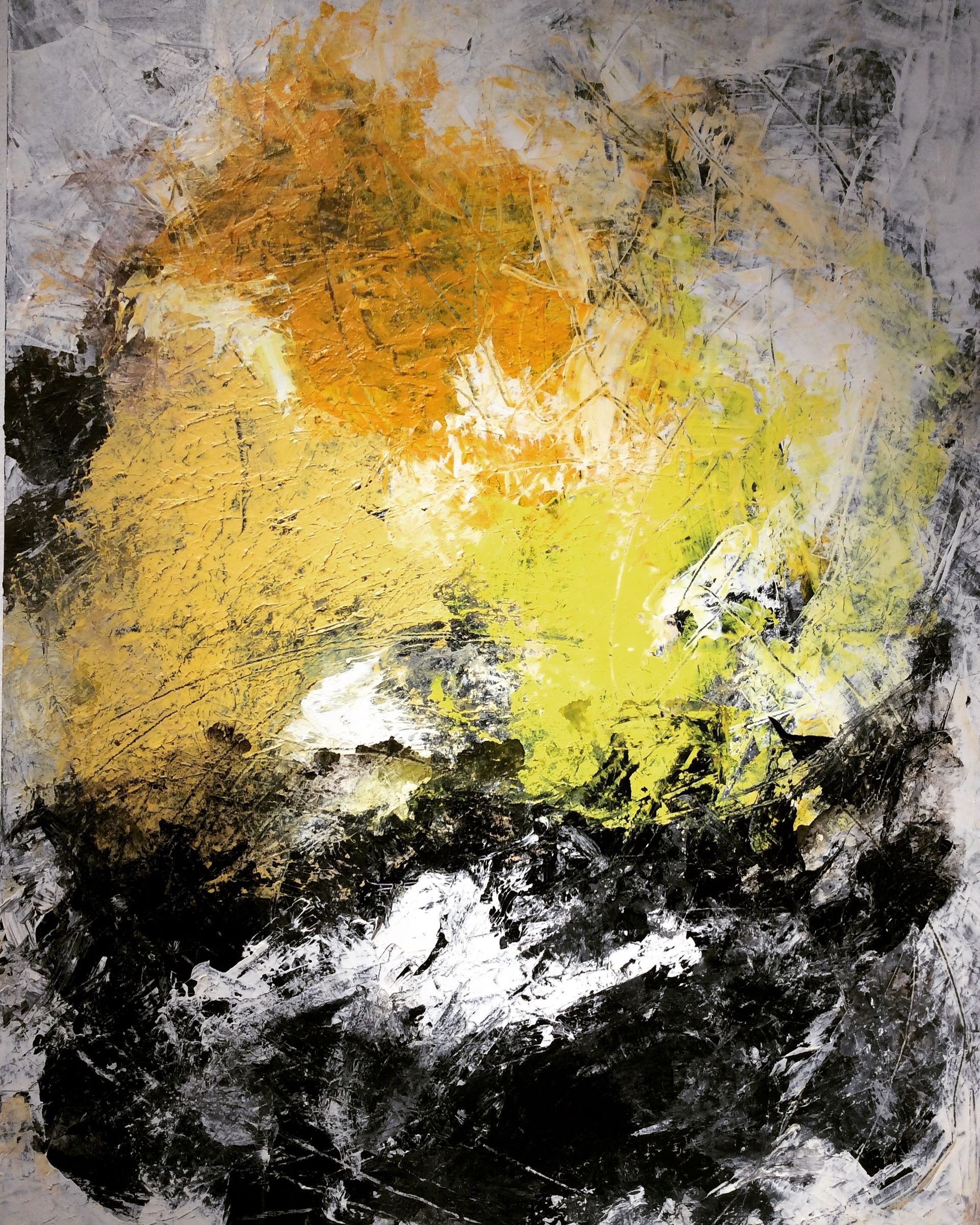 A painting with yellow and black paint on a white background