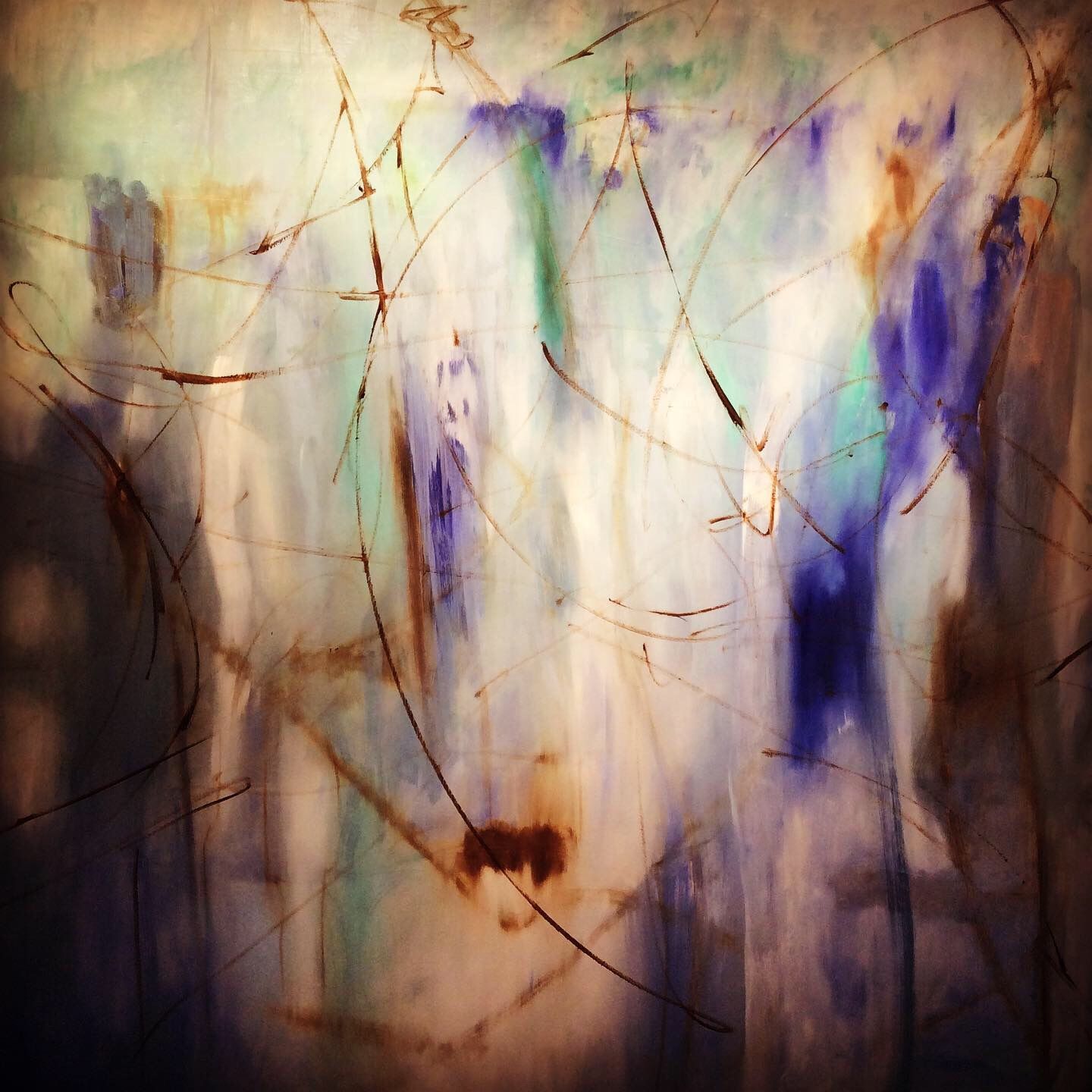 A close up of a painting with a lot of lines on it