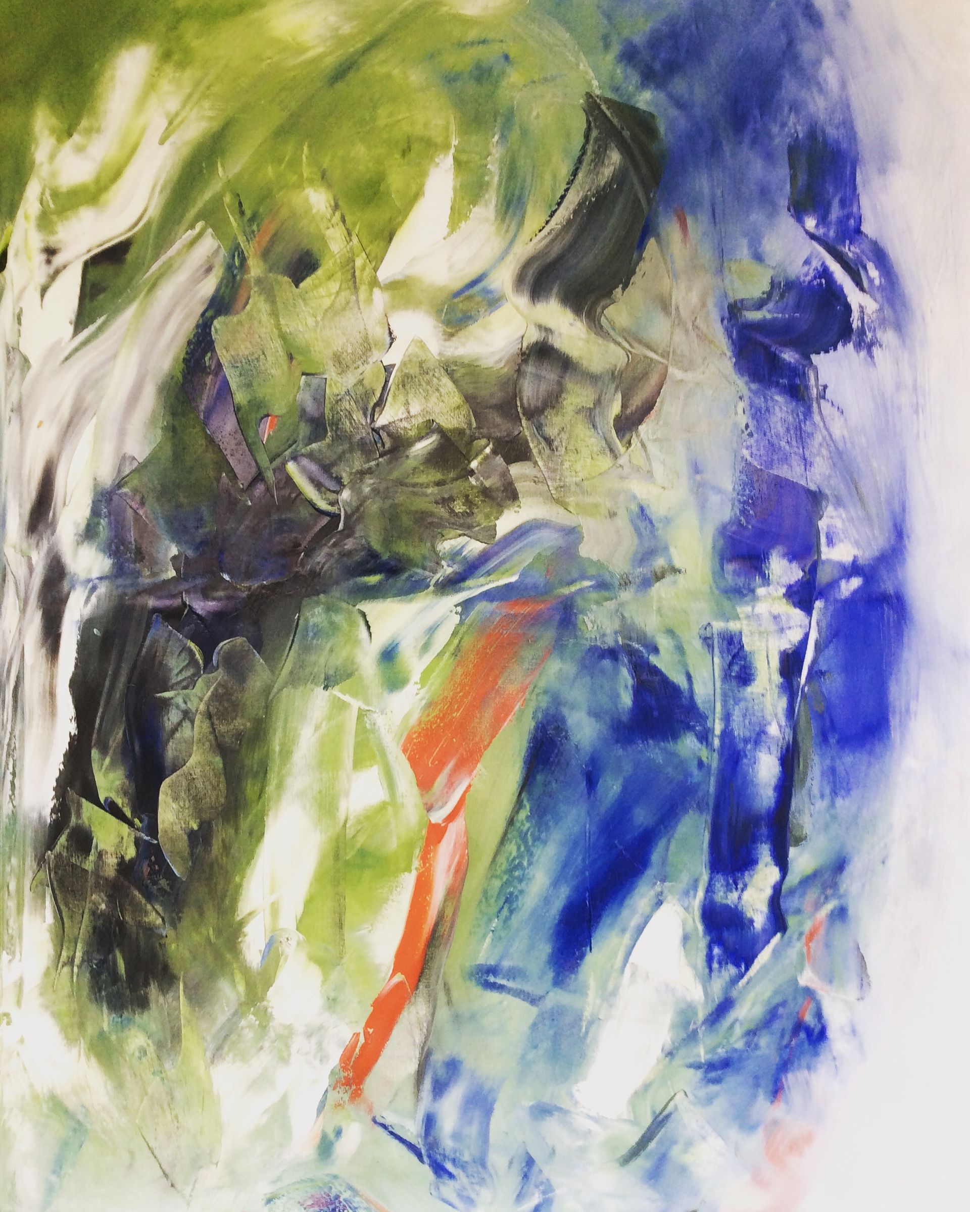 A close up of a painting with blue and green colors