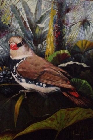 A painting of a bird with a red beak