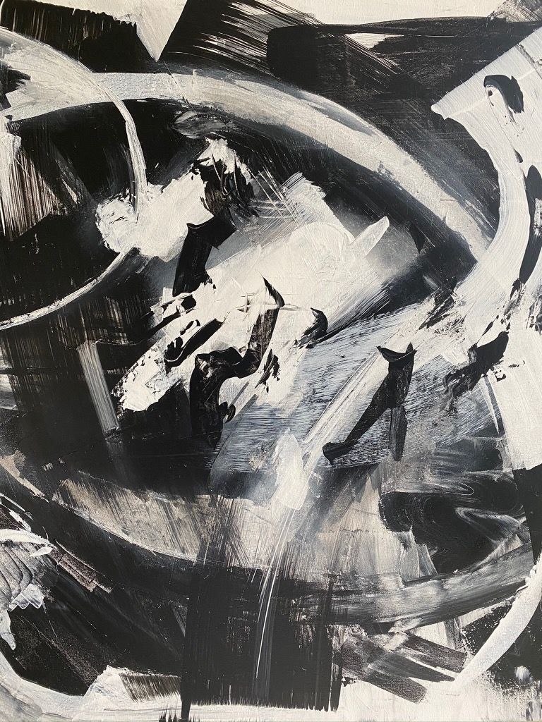 A black and white painting with a lot of brush strokes