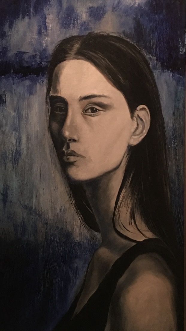 A black and white painting of a woman 's face on a blue background.