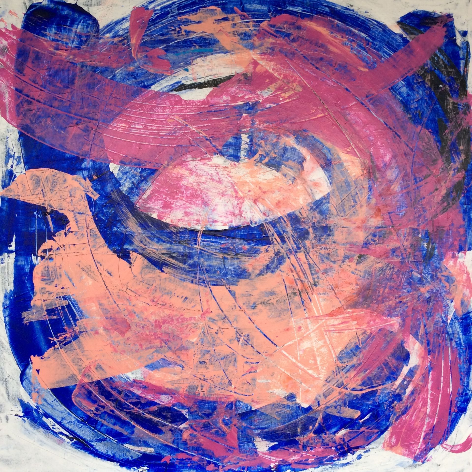A blue and pink painting with a circle in the middle