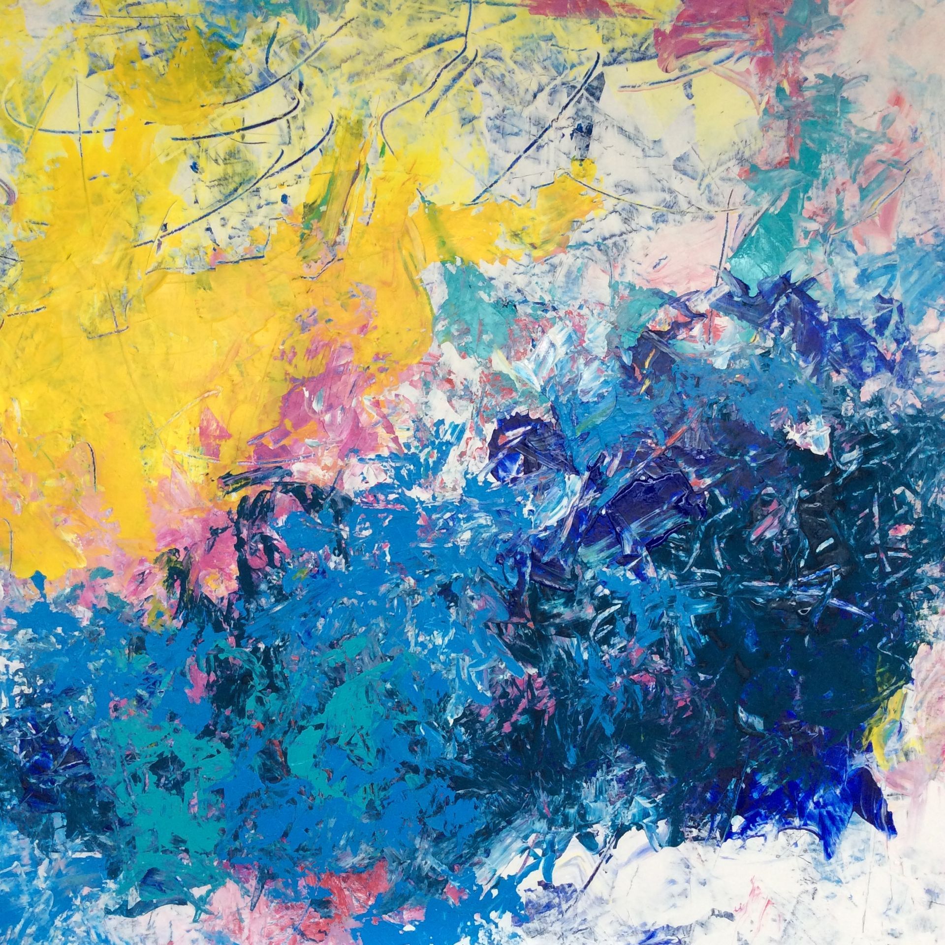 A close up of a colorful painting on a white surface.