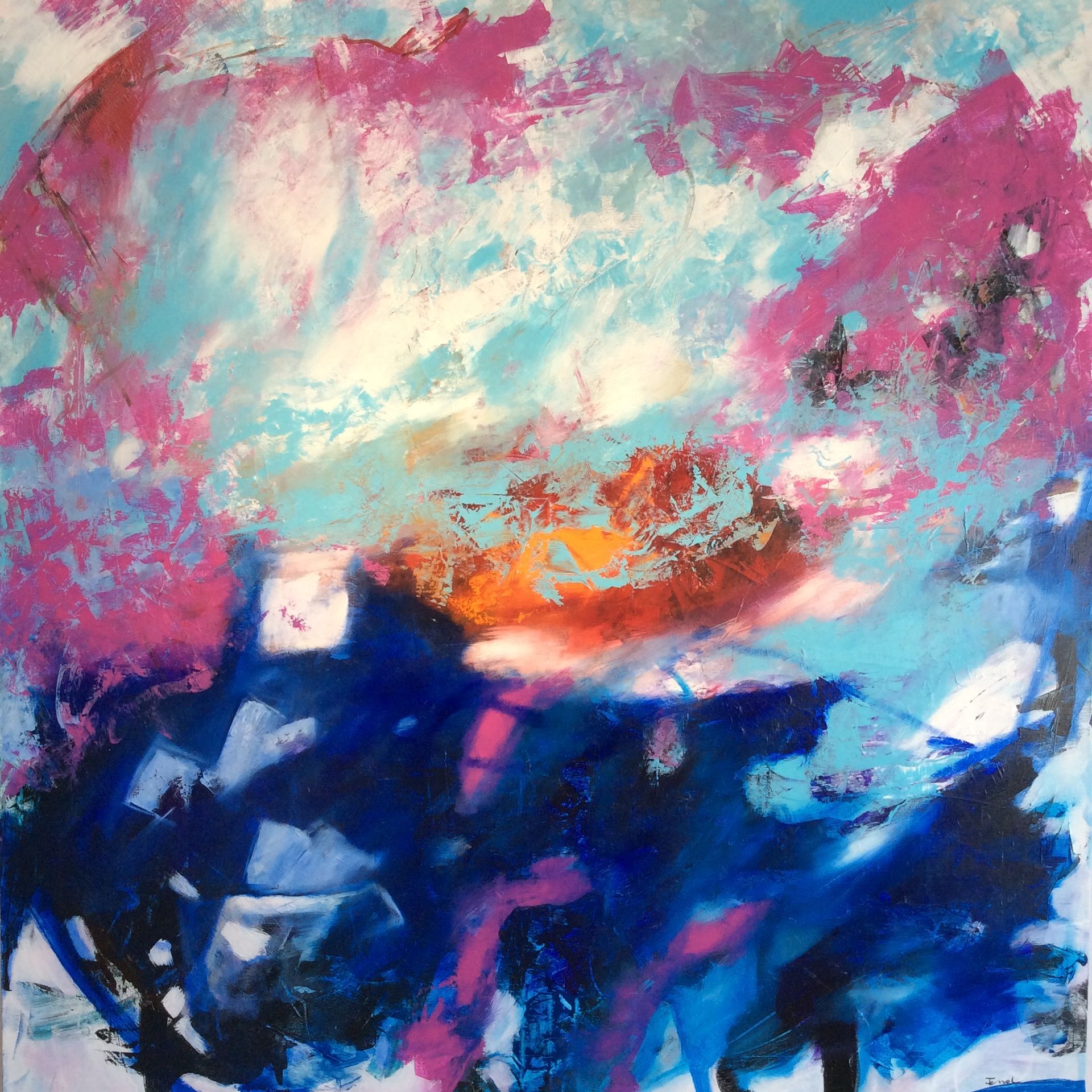 A painting of a blue and pink landscape with a circle in the middle.