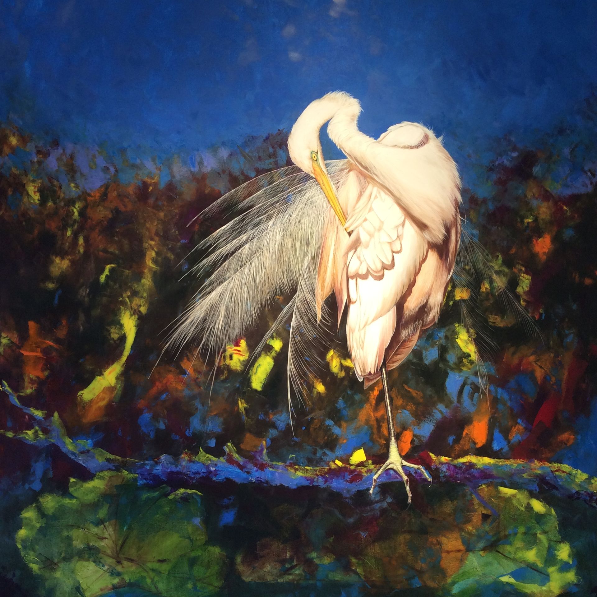 A painting of a bird standing on a tree branch