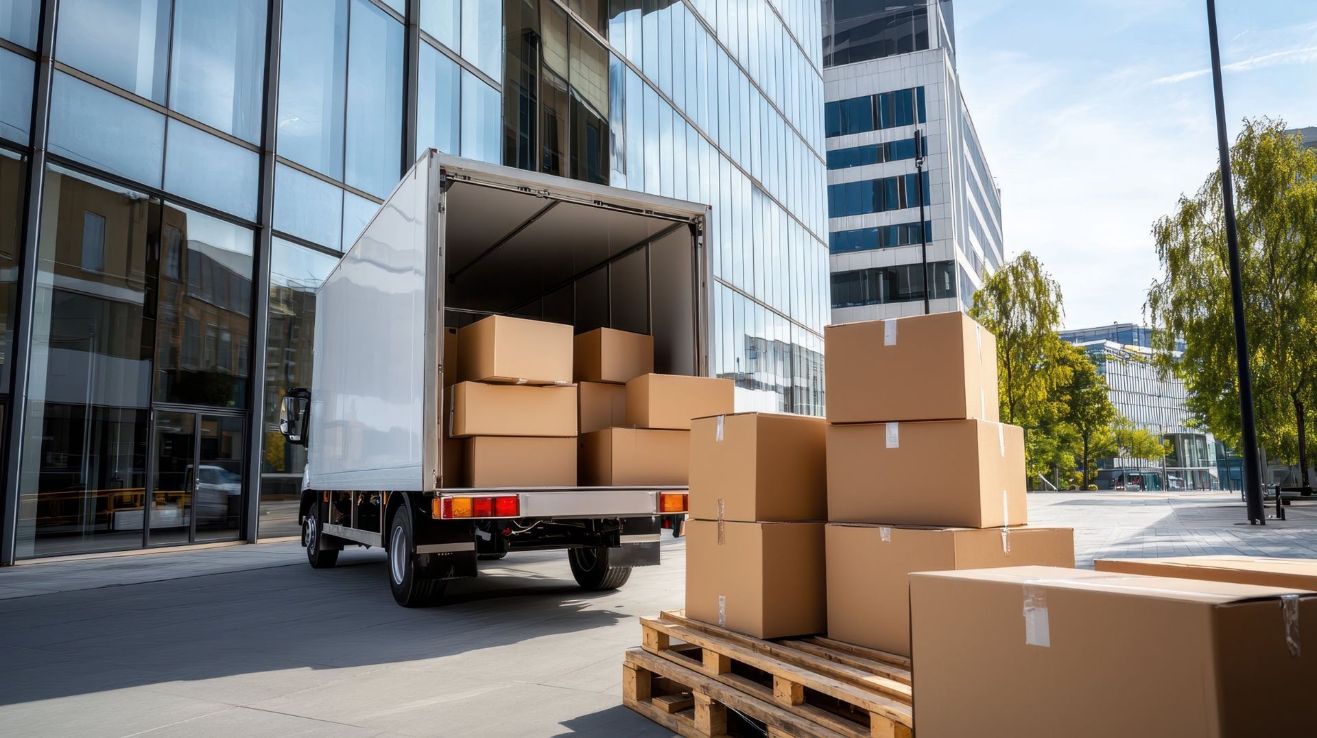 Truck loading cardboard boxes outside a glass-walled building. Boxes stacked on a pallet, ready for transport.