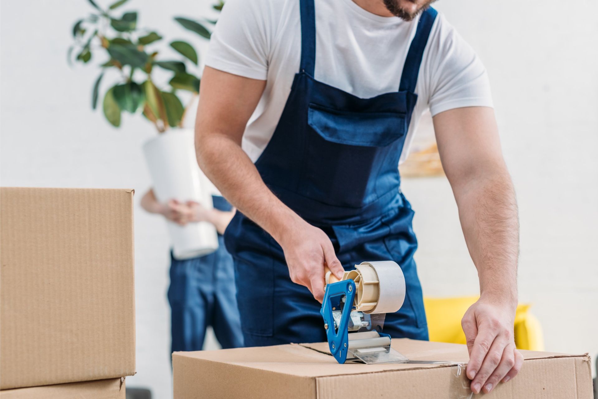 A person in blue overalls sealing a cardboard box, another person carrying a potted plant in the background.