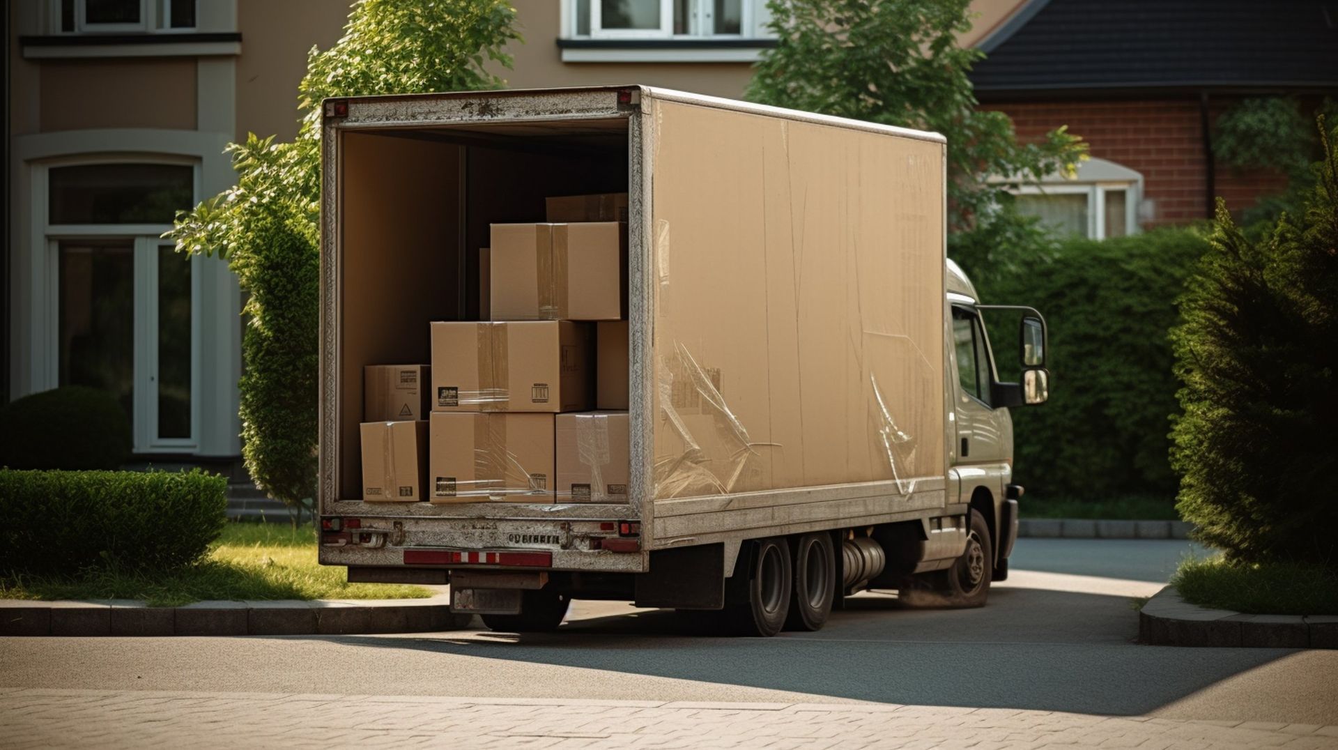 Moving truck parked, filled with stacked cardboard boxes, in a driveway of a house.