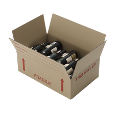 A cardboard box filled with bottles of wine.