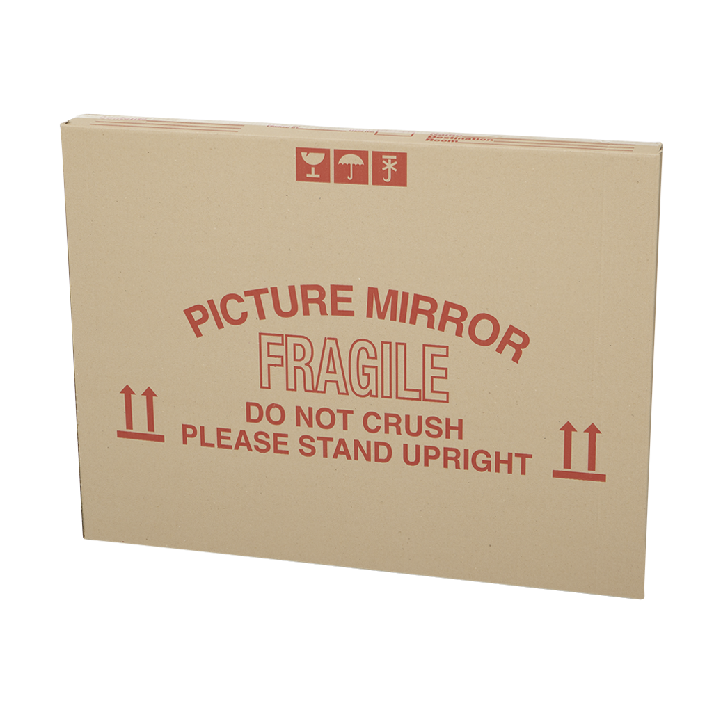 A picture mirror in a cardboard box that is fragile