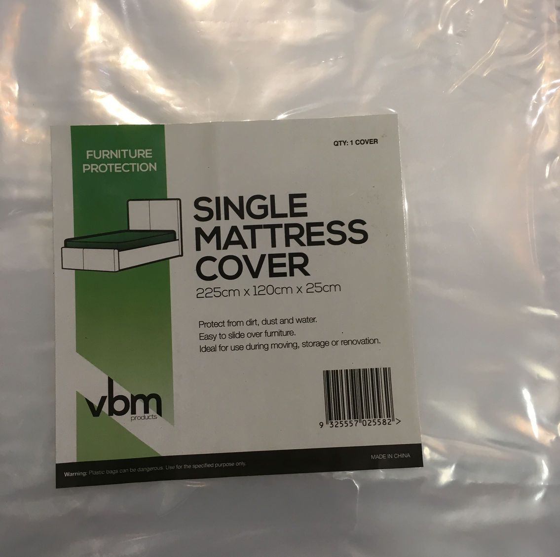 A single mattress cover is in a plastic bag