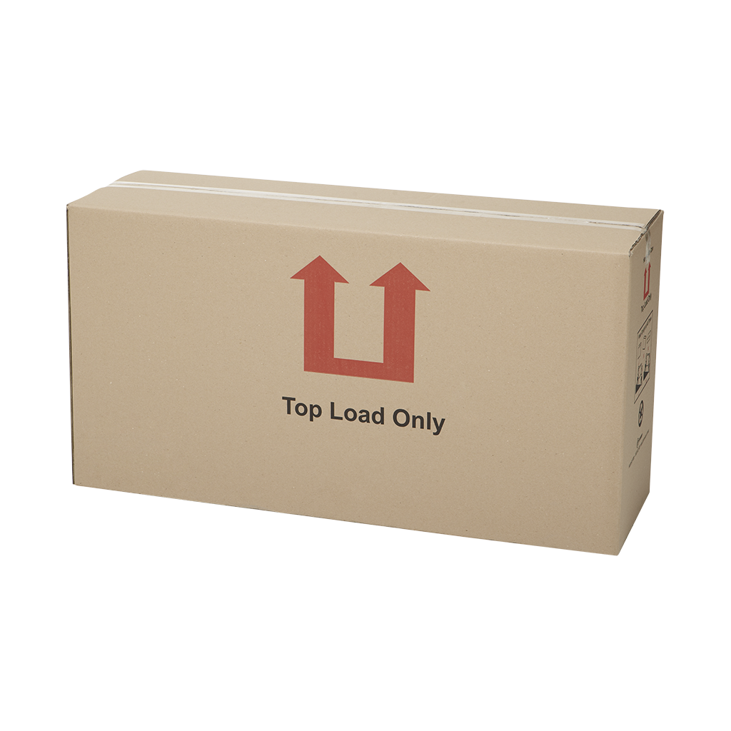 A cardboard box that says top load only on it