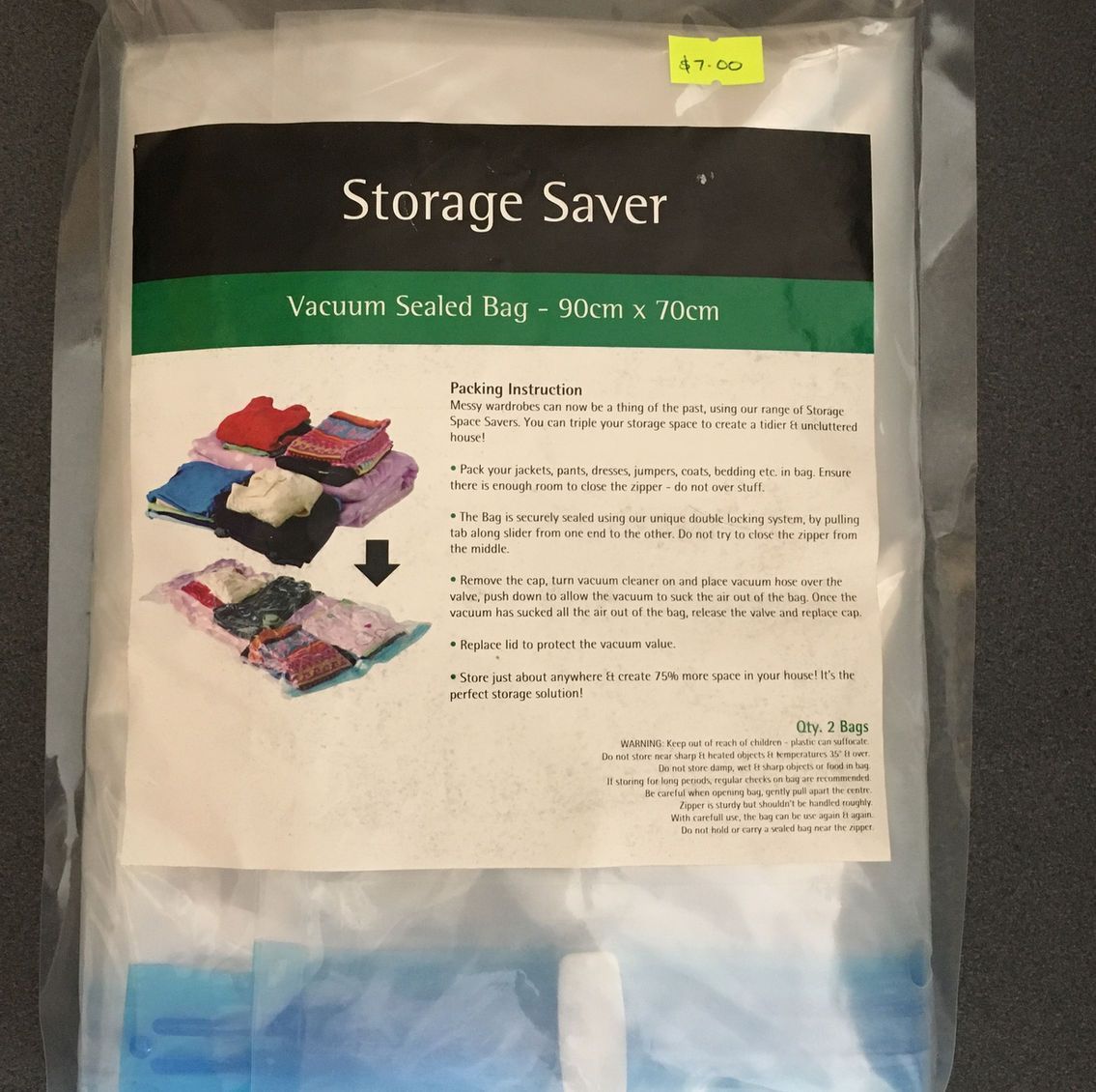 A vacuum sealed bag that says storage saver on it