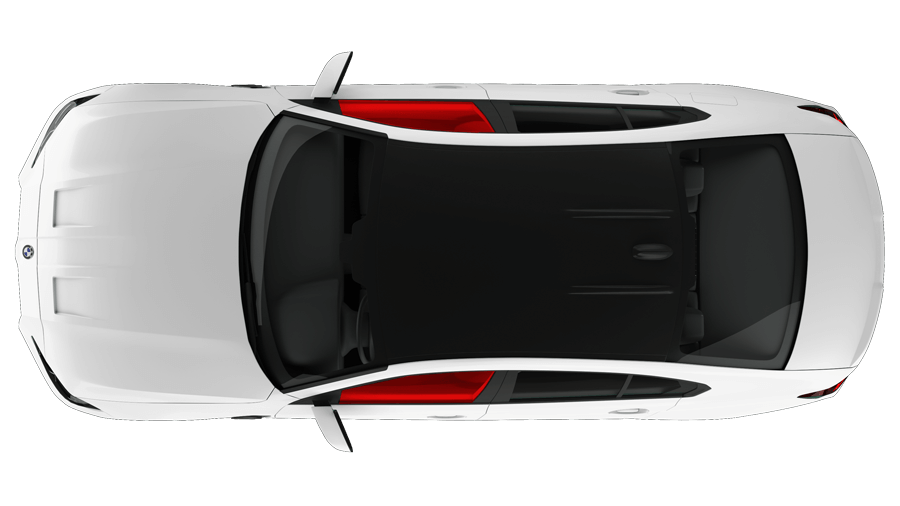 An aerial view of a white car with red seats on a white background.