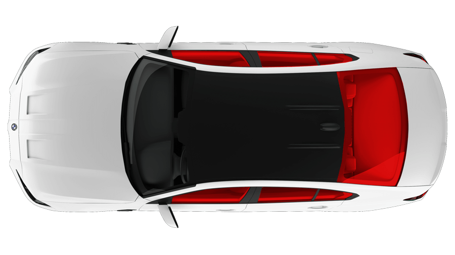 An aerial view of a white car with red seats on a white background.