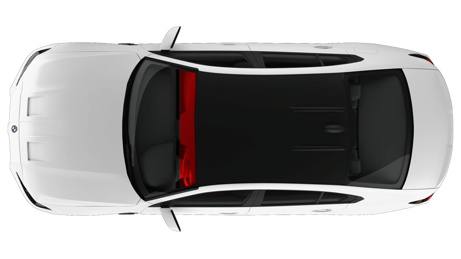 An aerial view of a white car with a red stripe on the roof.