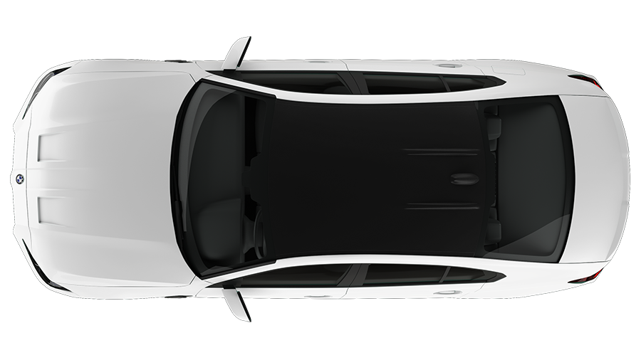 An aerial view of a white car with a black roof.